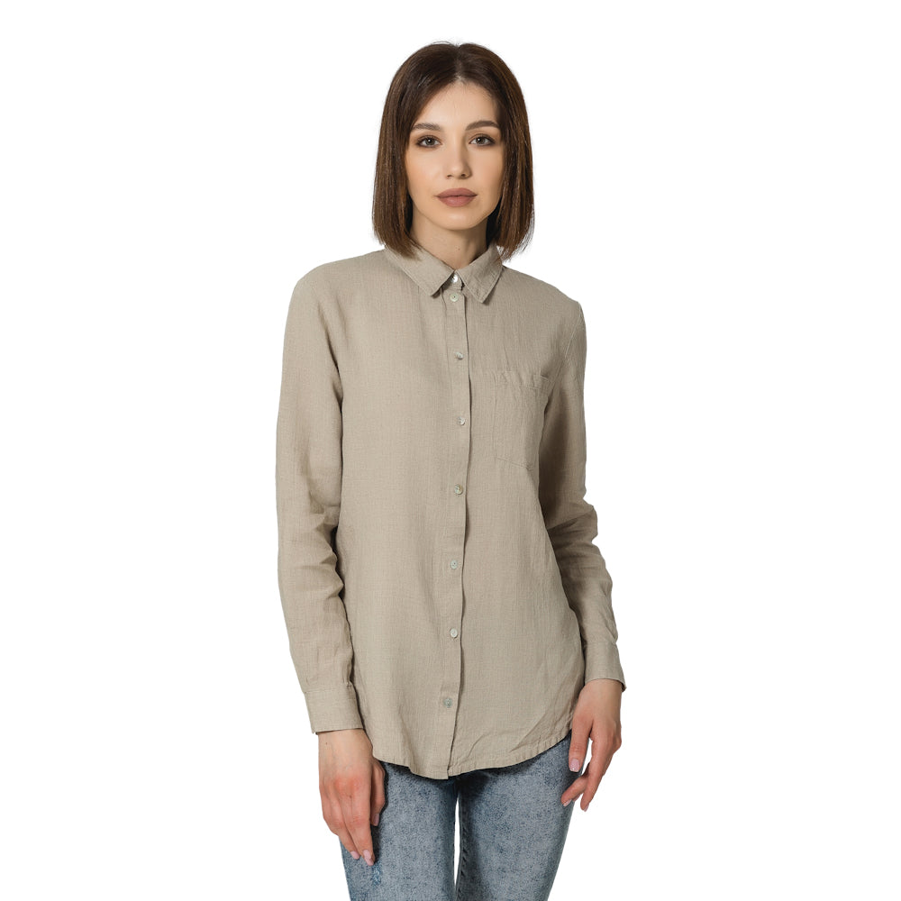 Stonewashed Linen Women Shirt - pure 100% linen flax natural taupe with  mother perl buttons pre-washed laundered Europe European linen lint free  relaxed cut shirt button down long sleeve shirt – L