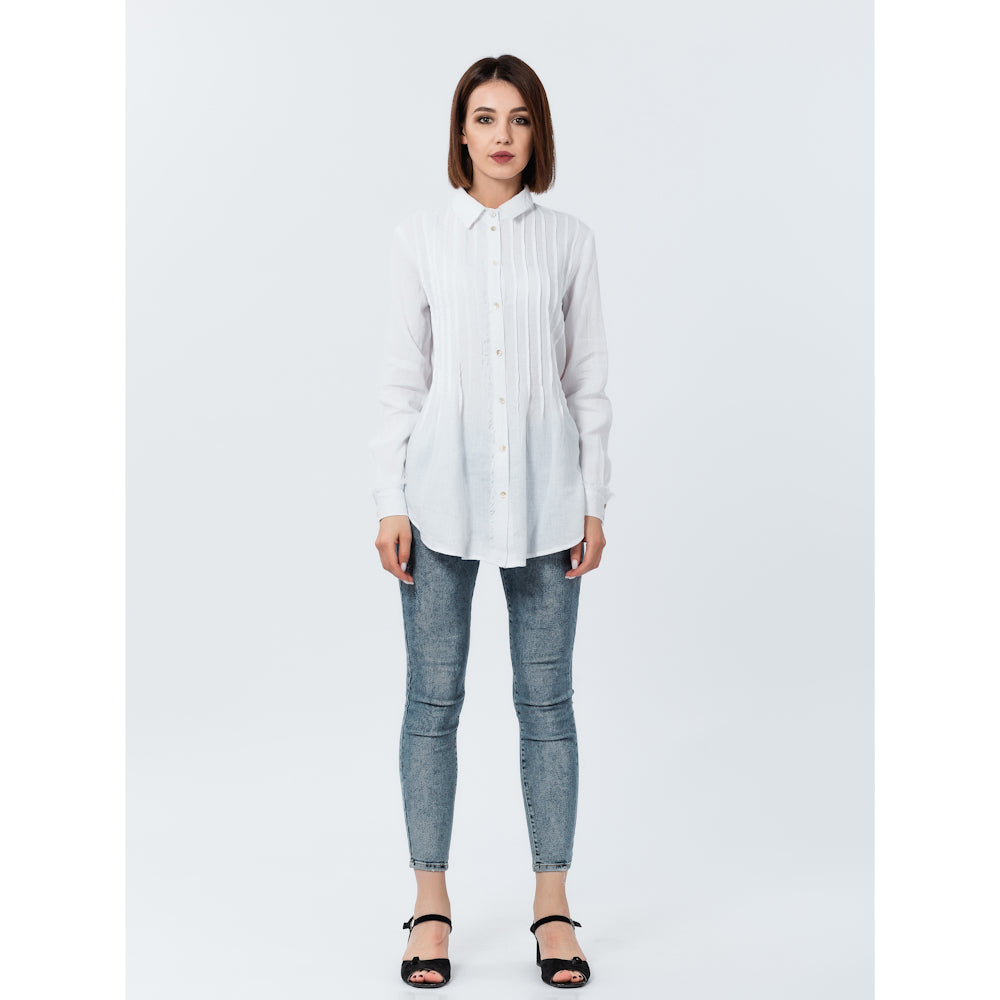 Linen Shirt - White with Tucks - Stonewashed - Luxury Thin Linen