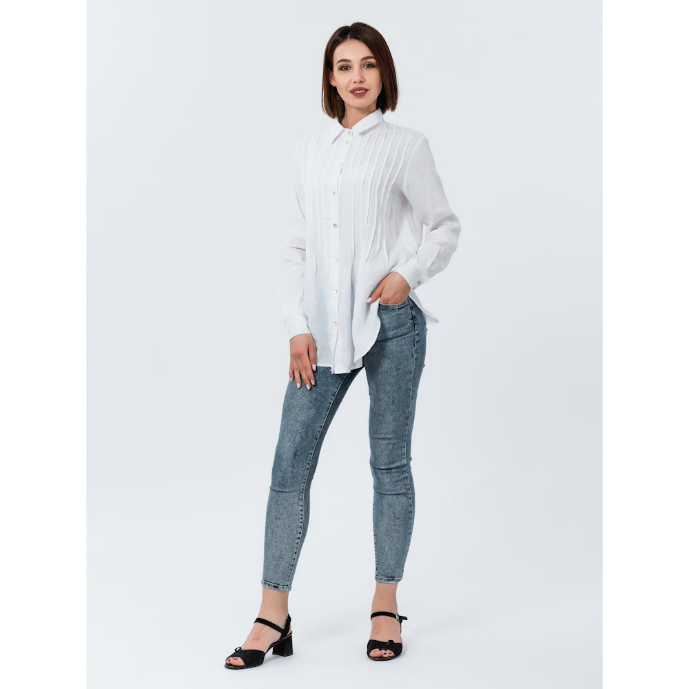 Linen Shirt - White with Tucks - Stonewashed - Luxury Thin Linen