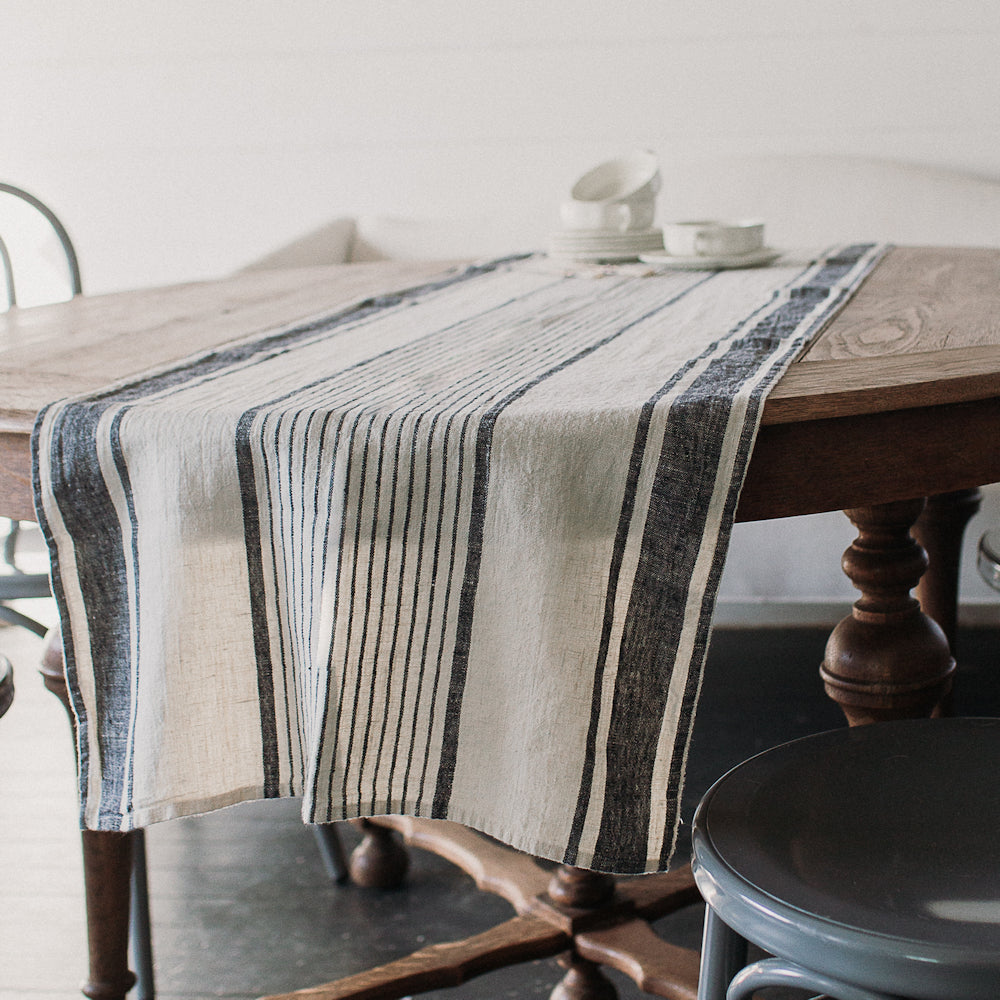 Linen Table Runner - Stonewashed - Antique White with Black Stripes - Luxury Thick Linen