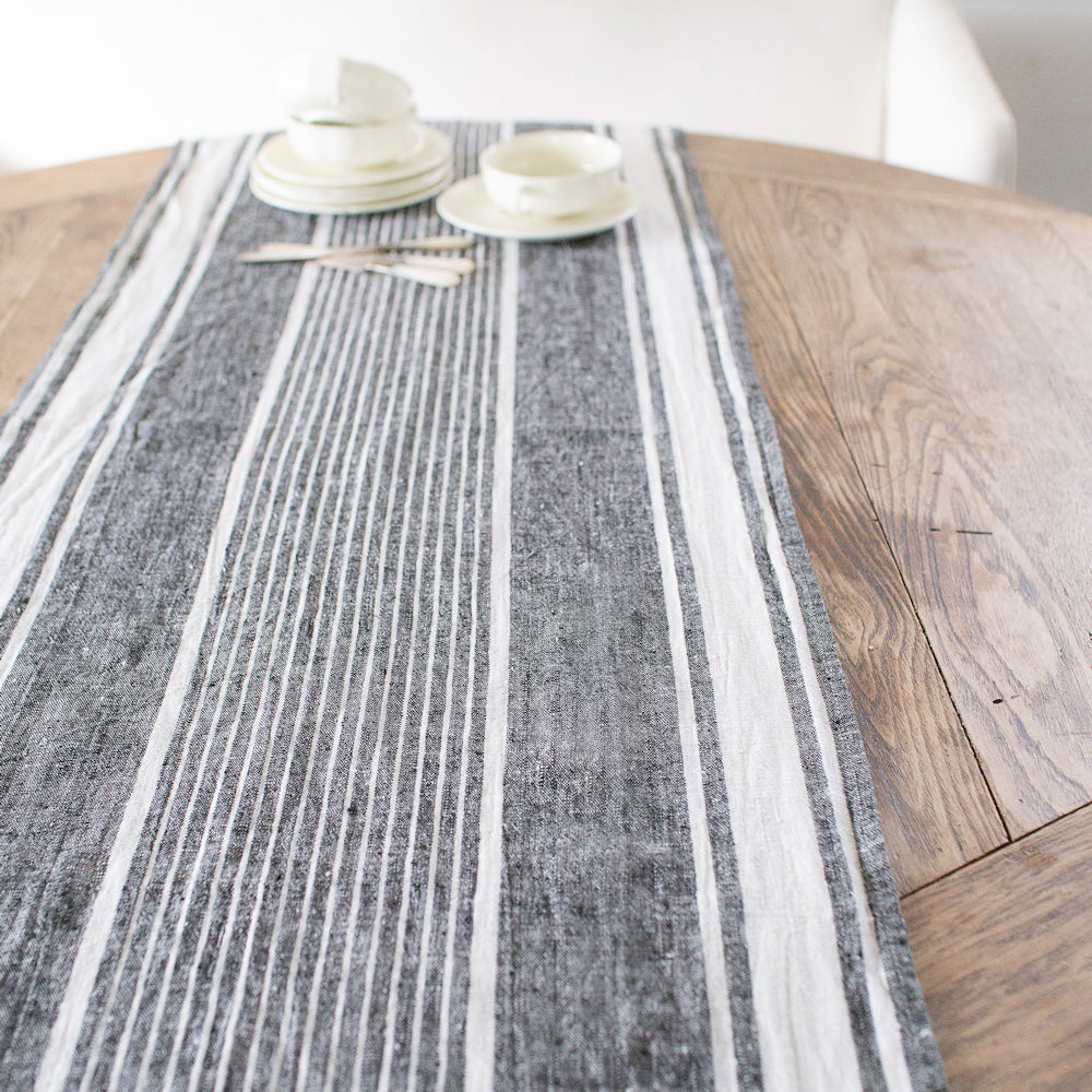 Linen Table Runner - Stonewashed - Black with White Stripes - Luxury Thick Linen
