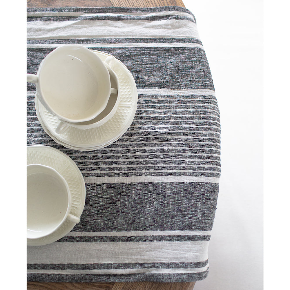 Linen Table Runner - Stonewashed - Black with White Stripes - Luxury Thick Linen