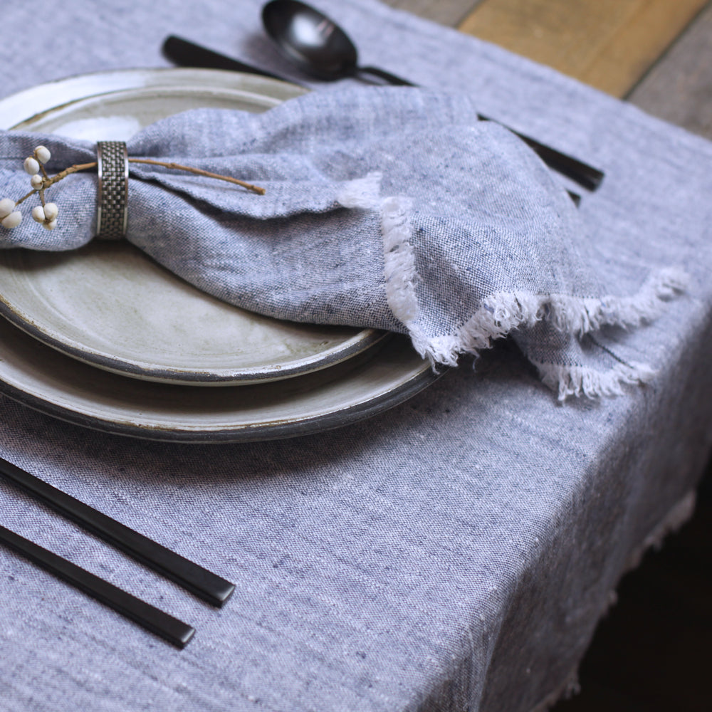 Linen Table Runner - Stonewashed - Heather Blue with Frayed Edges - Luxury Thick Linen