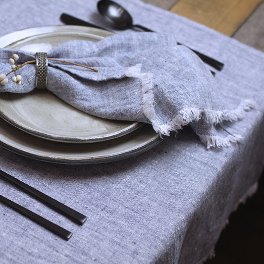 Linen Table Runner - Stonewashed - Heather Blue with Frayed Edges - Luxury Thick Linen
