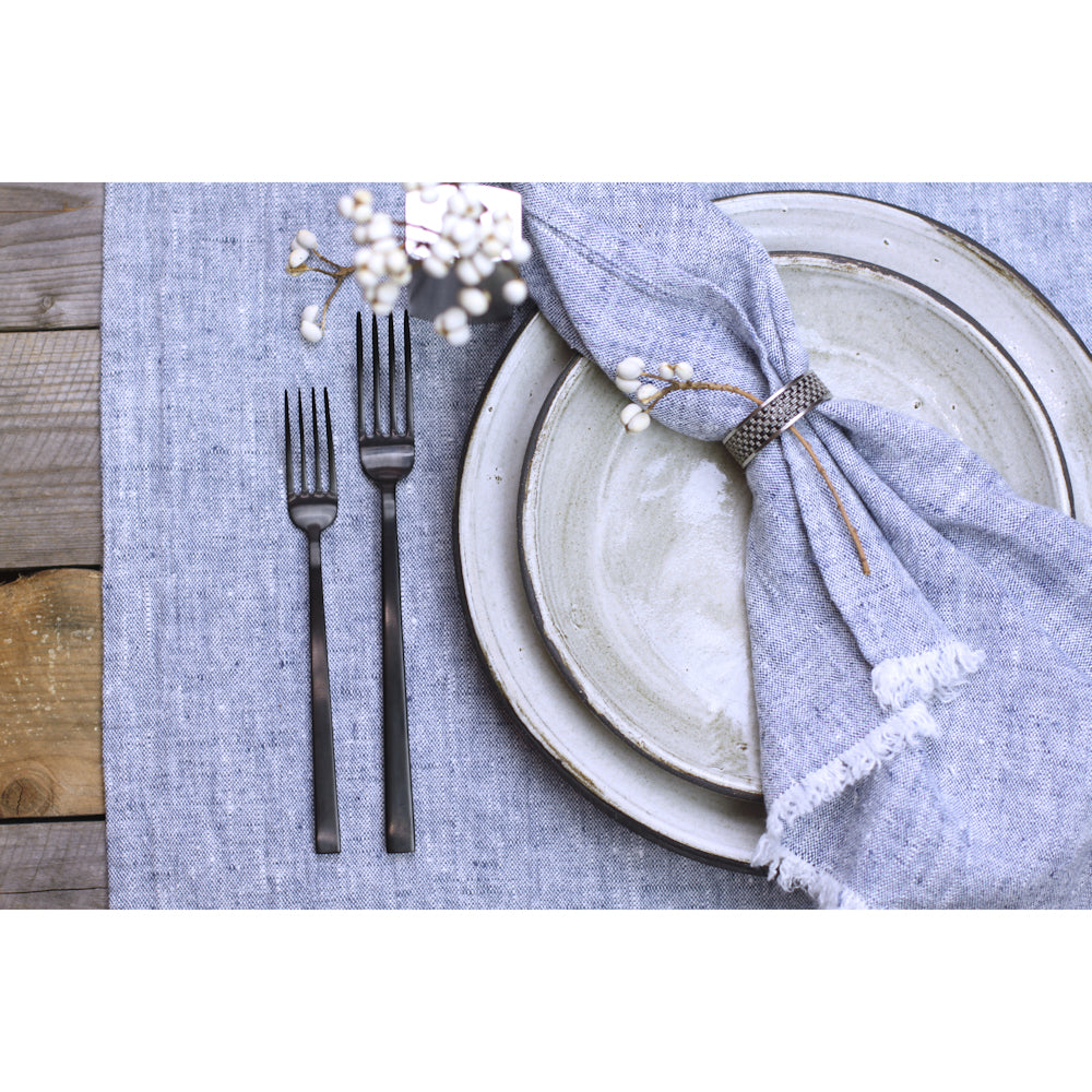 Linen Table Runner - Stonewashed - Heather Blue with Frayed Edges - Luxury Thick Linen