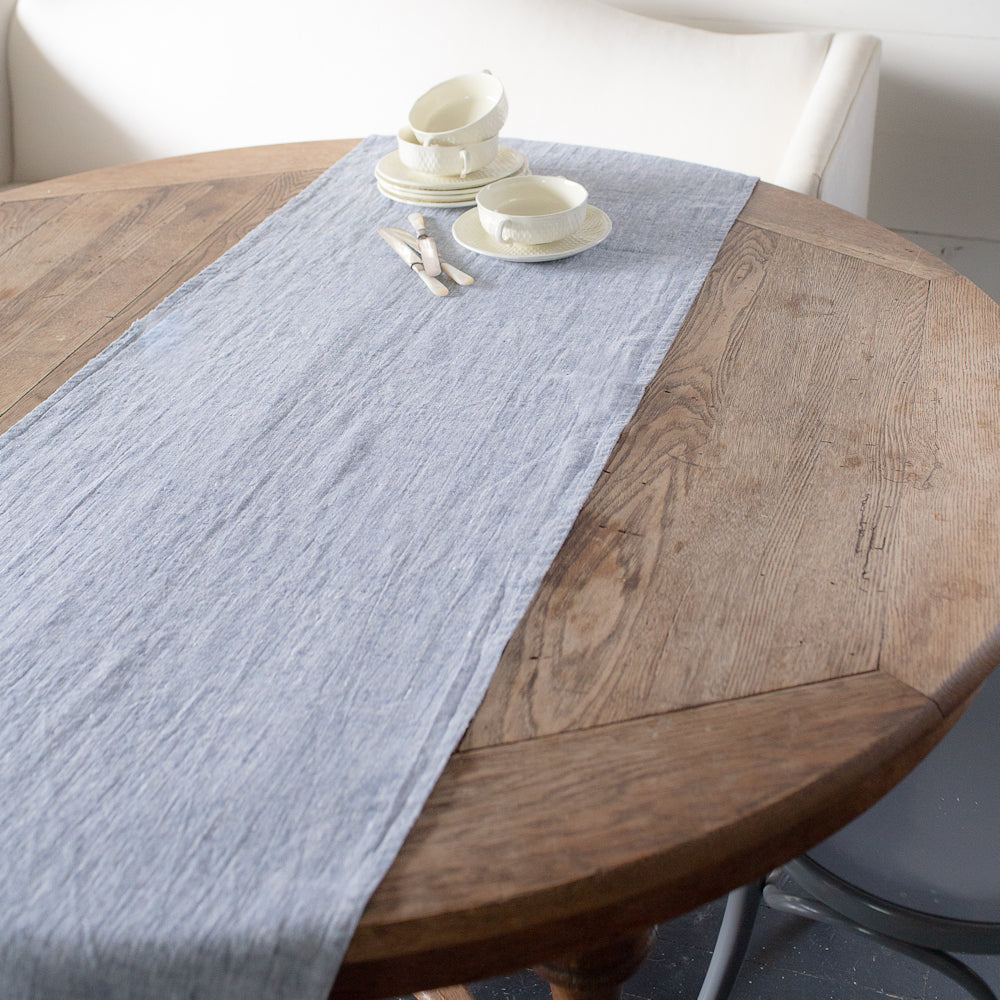Linen Table Runner - Stonewashed - Heather Blue with Frayed Edges - Luxury Thick Linen