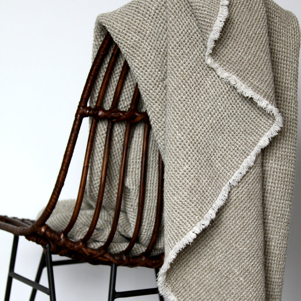Linen Throw - Stonewashed - Waffle Textured - Frayed Edges - Natural Beige Color - Heavy Thick Linen