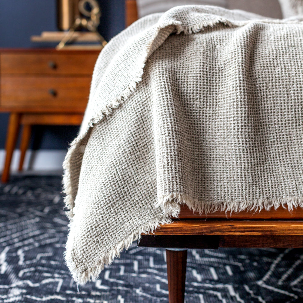 Linen Throw - Stonewashed - Waffle Textured - Frayed Edges - Natural Beige Color - Heavy Thick Linen