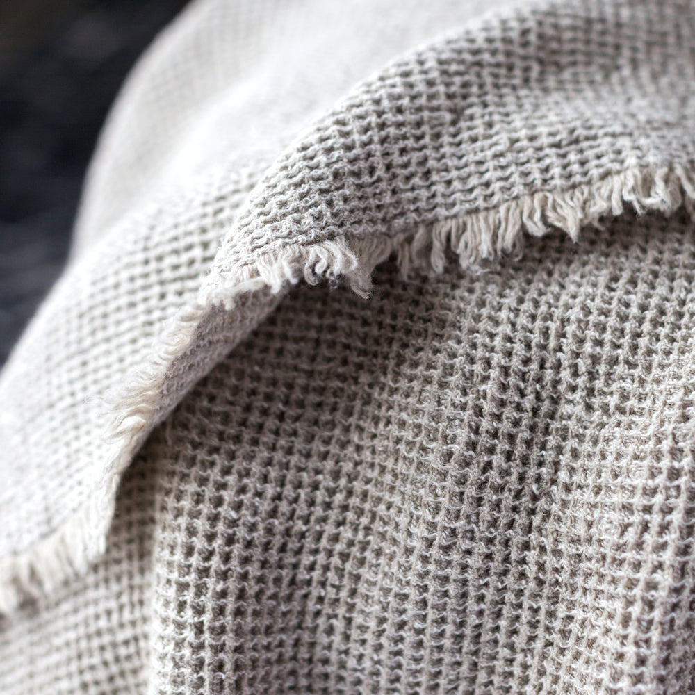 Linen Throw - Stonewashed - Waffle Textured - Frayed Edges - Natural Beige Color - Heavy Thick Linen