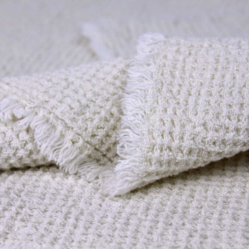 Linen Throw - Stonewashed - Waffle Textured - Frayed Edges - Off White / Ivory Color