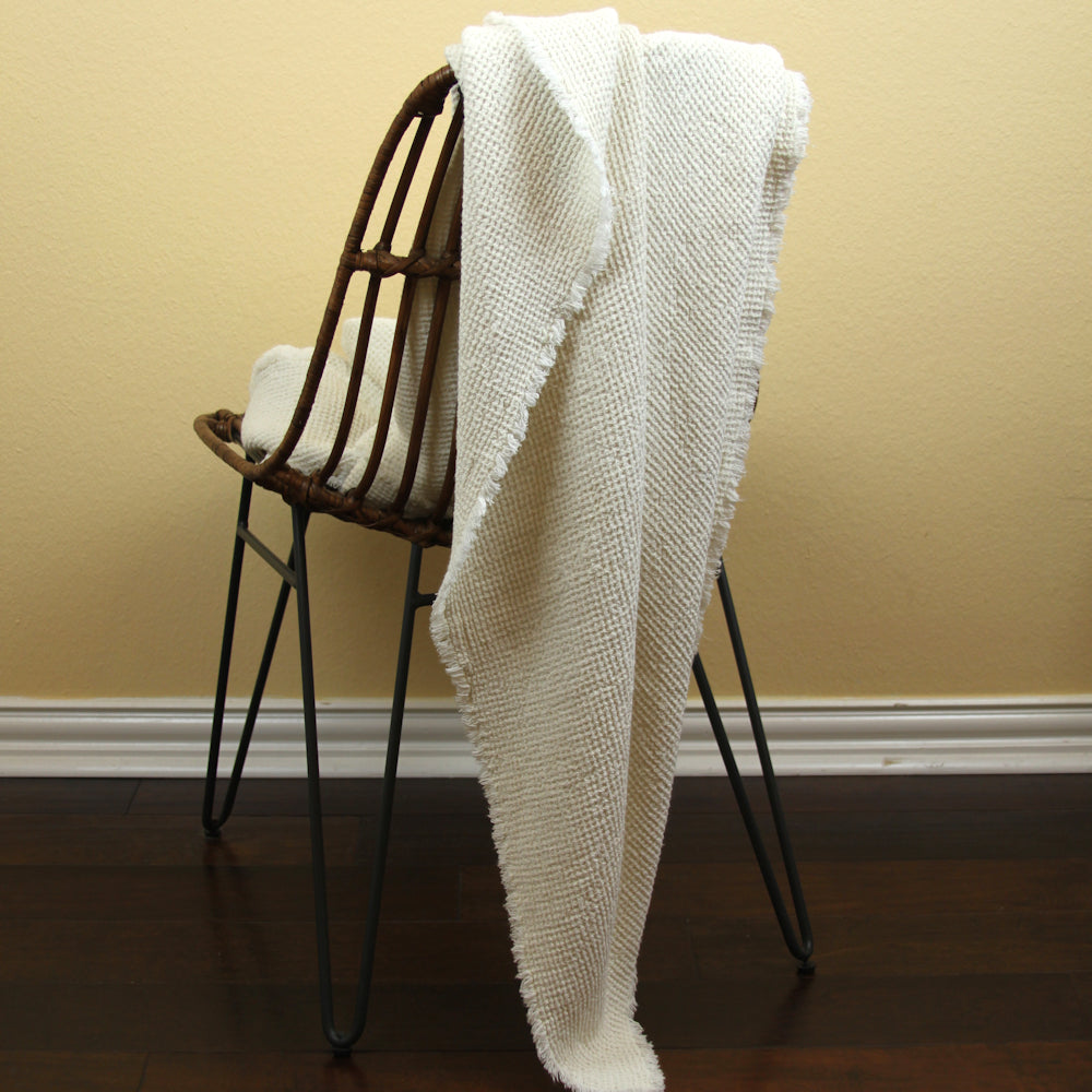 Linen Throw - Stonewashed - Waffle Textured - Frayed Edges - Off White / Ivory Color