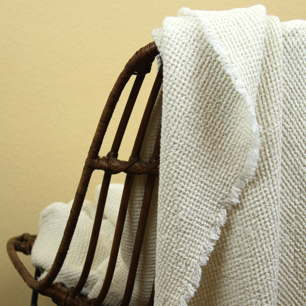 Linen Throw - Stonewashed - Waffle Textured - Frayed Edges - Off White / Ivory Color