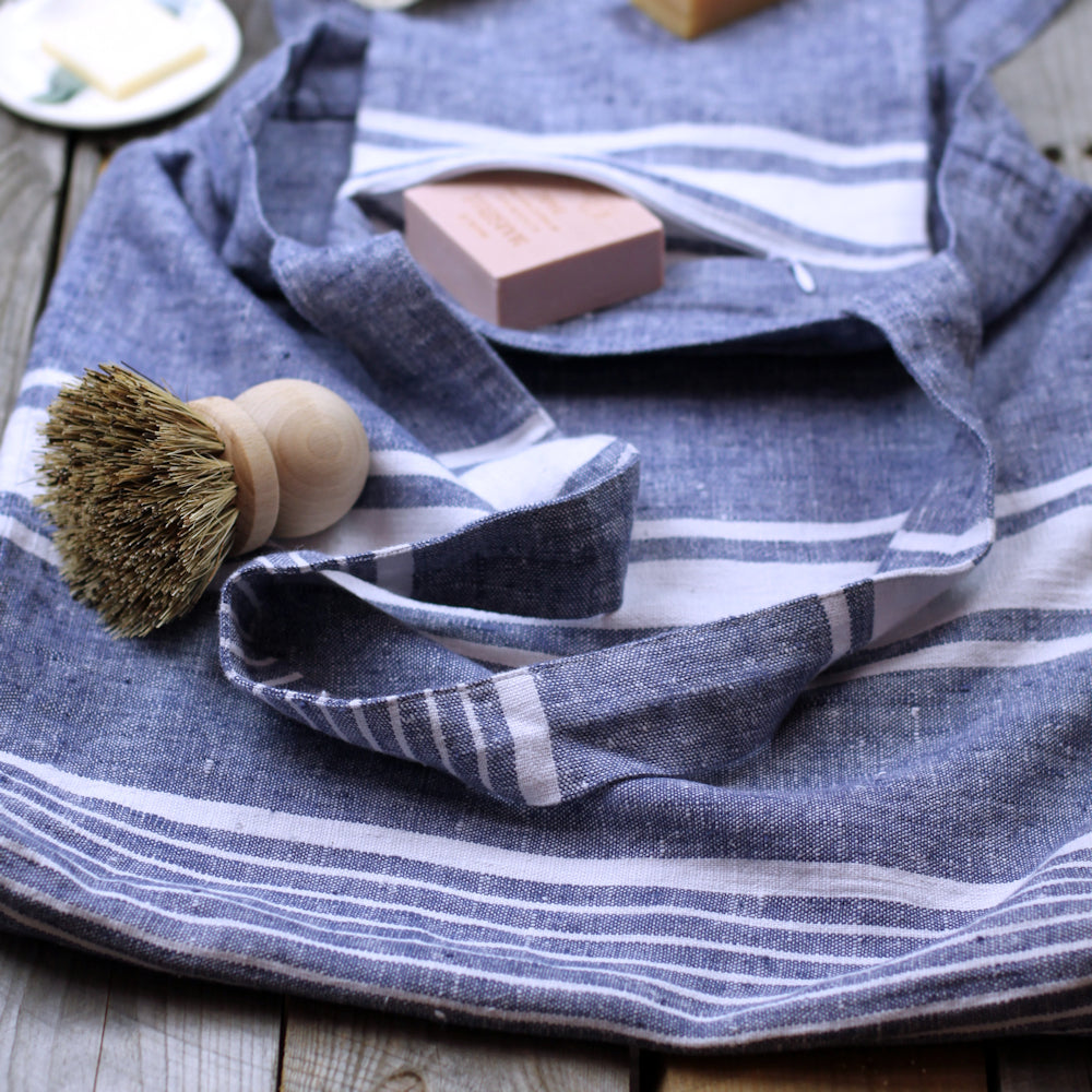 Linen Tote Bag - Stonewashed - Blue with White Stripes - Luxury Thick Linen