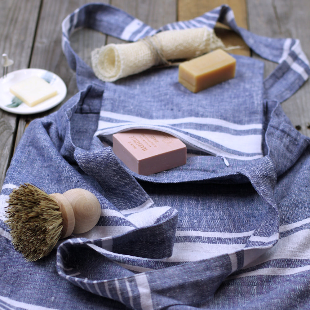 Linen Tote Bag - Stonewashed - Blue with White Stripes - Luxury Thick Linen