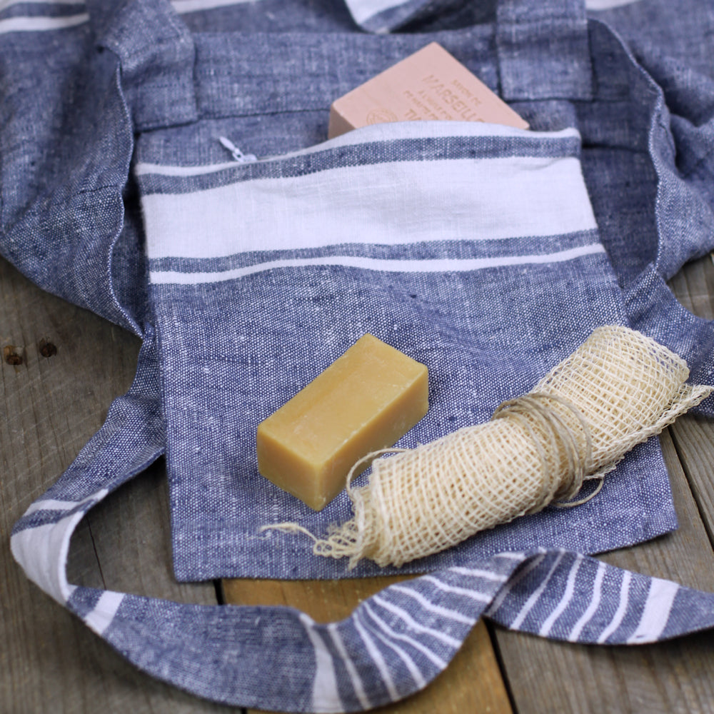 Linen Tote Bag - Stonewashed - Blue with White Stripes - Luxury Thick Linen