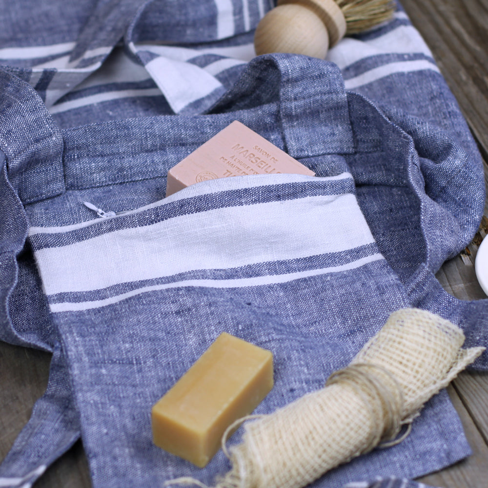 Linen Tote Bag - Stonewashed - Blue with White Stripes - Luxury Thick Linen