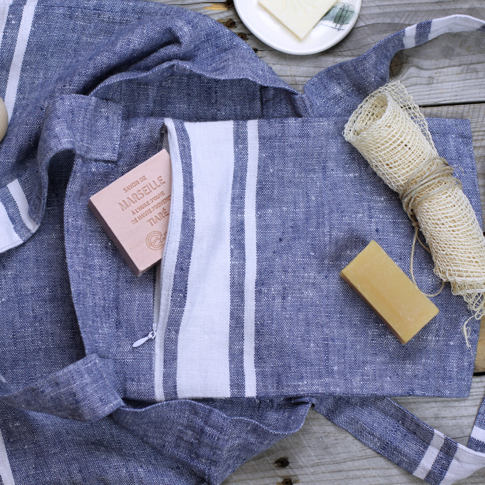 Linen Tote Bag - Stonewashed - Blue with White Stripes - Luxury Thick Linen