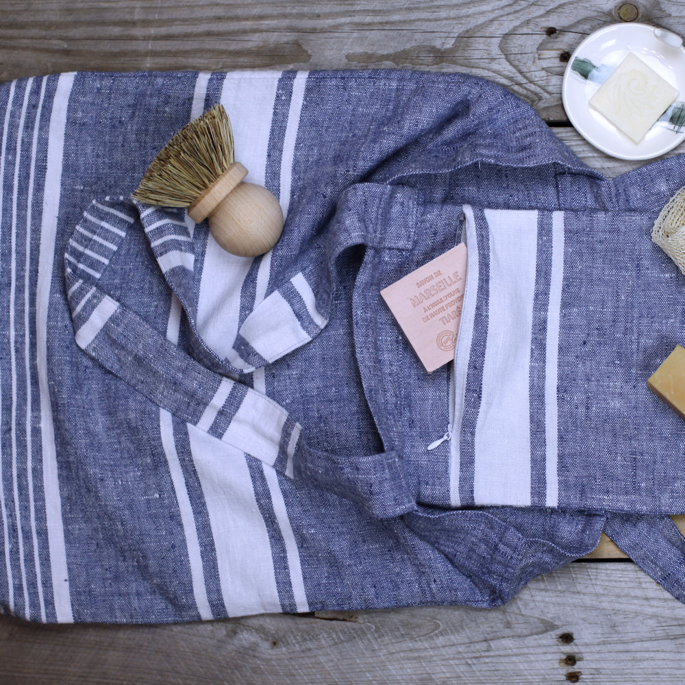 Linen Tote Bag - Stonewashed - Blue with White Stripes - Luxury Thick Linen