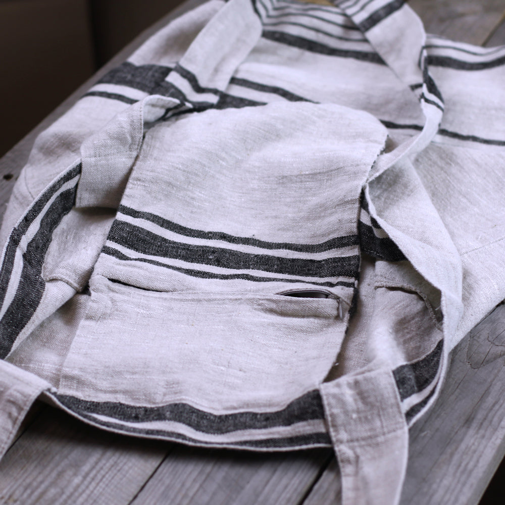 Linen Tote Bag - Stonewashed - Grey with Black Stripes - Medium - Luxury Thick Linen