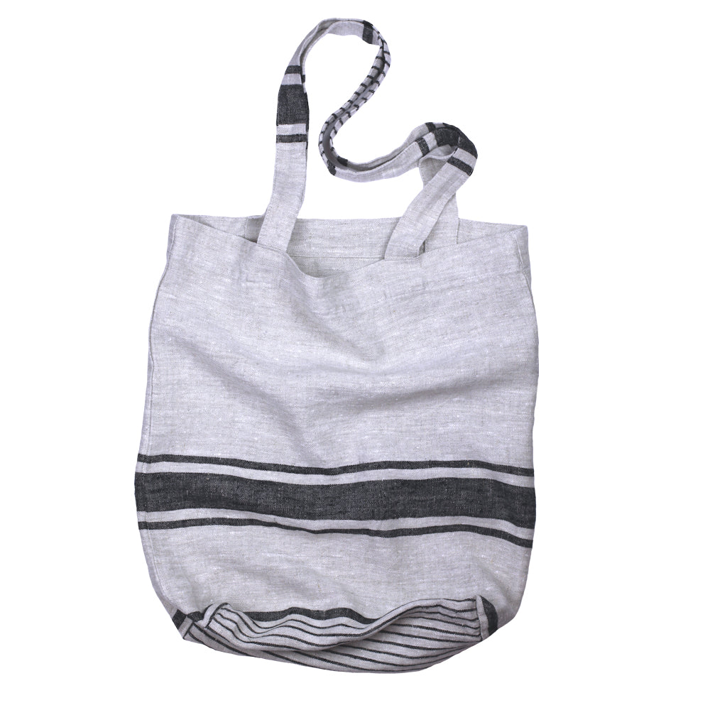 Linen Tote Bag - Stonewashed - Grey with Black Stripes - Small - Luxury Thick Linen