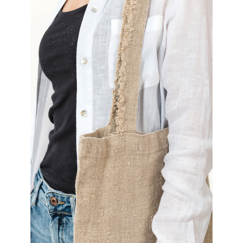 Linen Tote Bag - Stonewashed - Natural with Frayed Straps - Luxury Thick Linen