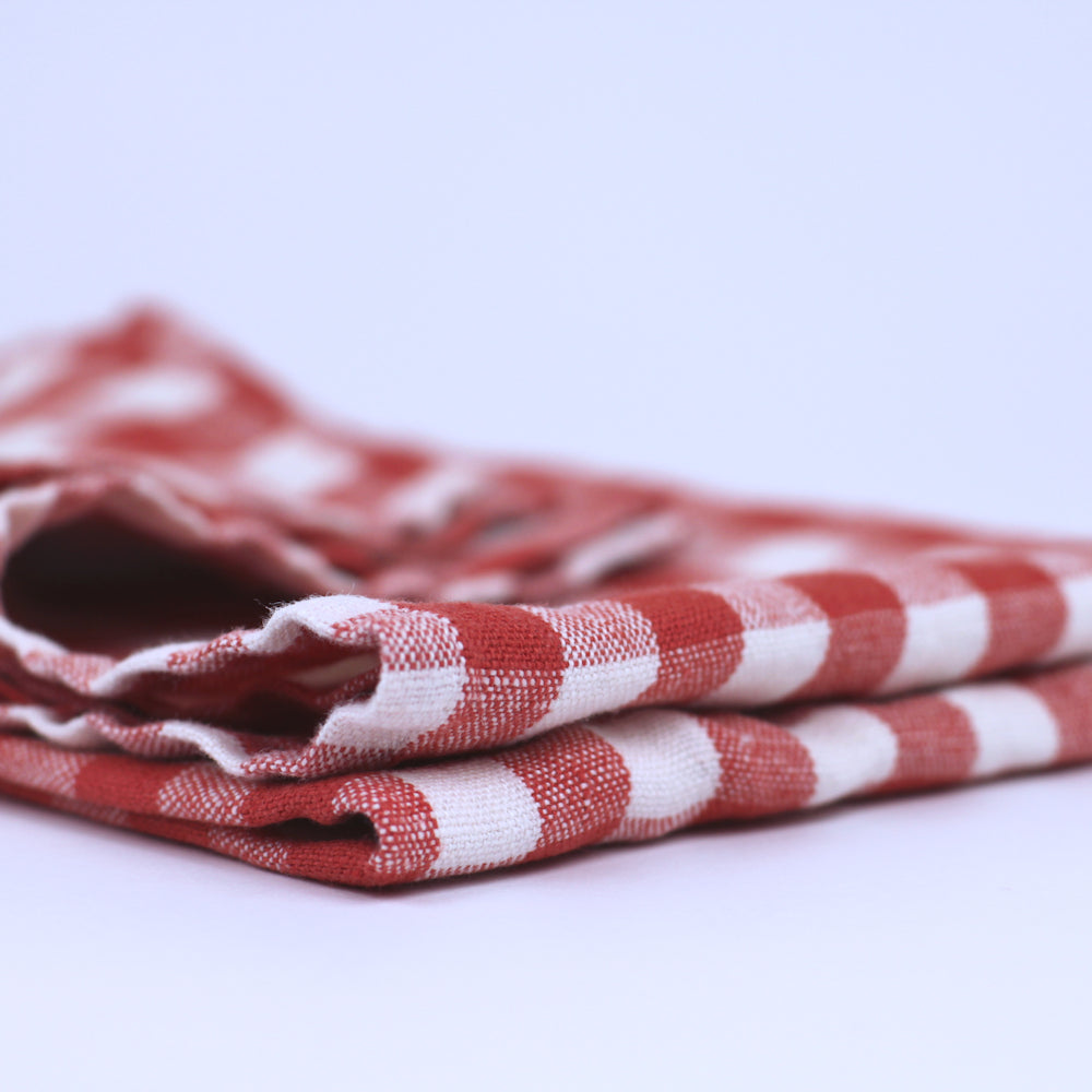 Linen Hand Towel - Stonewashed - Red White Squares - Medium Thick Linen