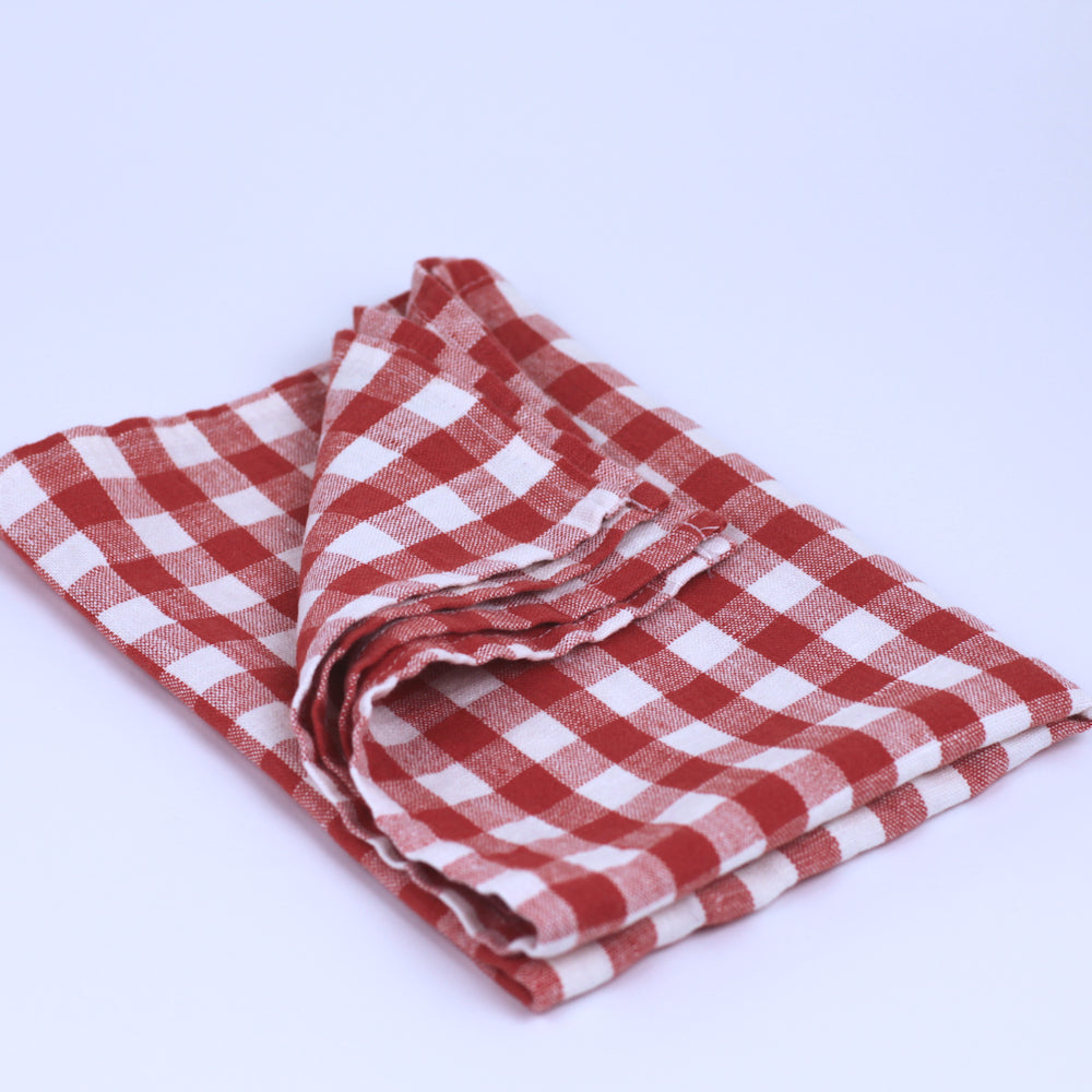 Linen Hand Towel - Stonewashed - Red White Squares - Medium Thick Linen