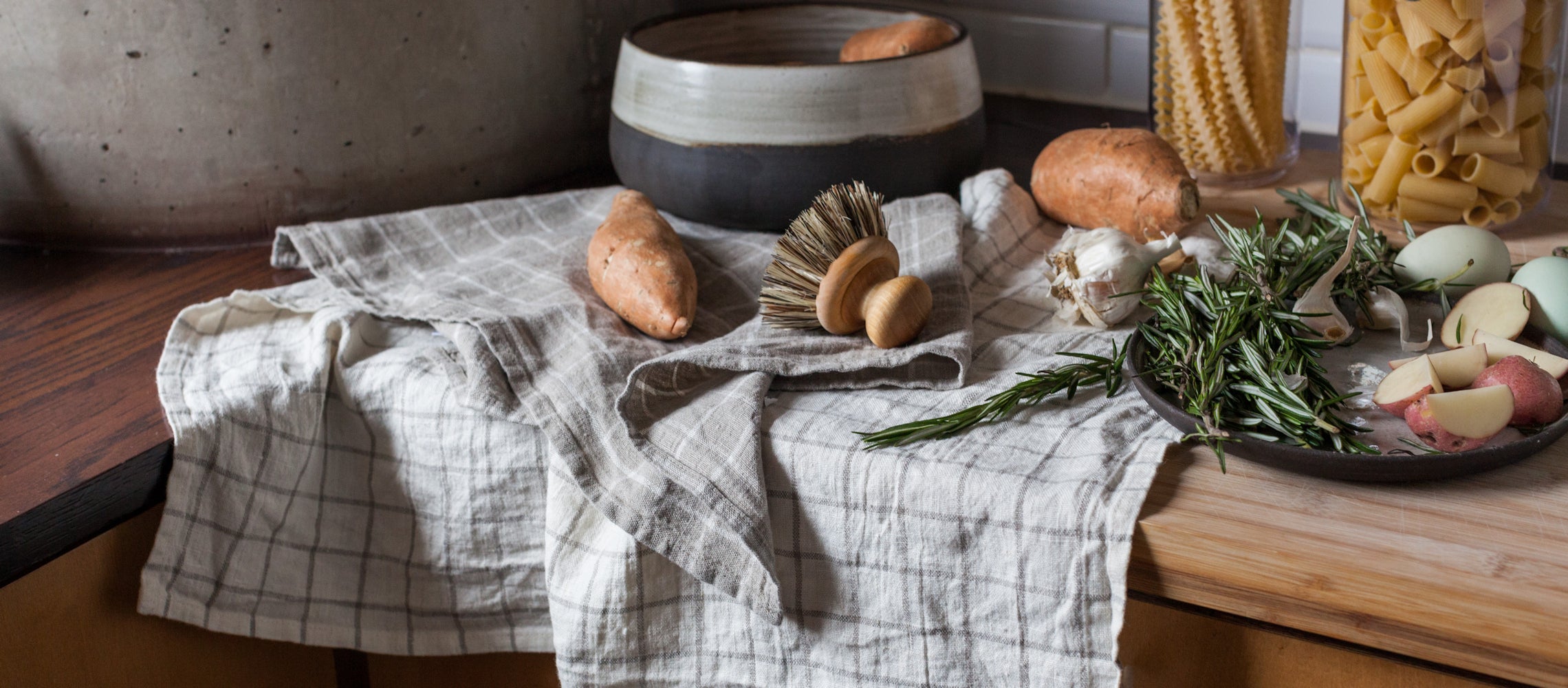 Stonewashed linen kitchen towels with fresh food preparation