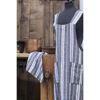 Linen Apron  - A-Line - Cross Back - Two Pockets - Black with White Stripes - Japanese-style - Stonewashed - Thick Linen