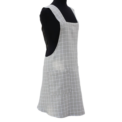 Linen Apron  - A-Line - Cross Back - Two Pockets - Natural with White Squares - Japanese-style - Stonewashed - Thick Linen