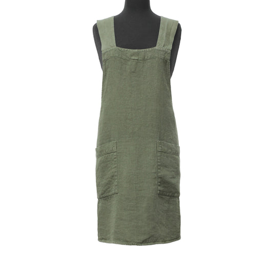 Linen Apron  - A-Line - Cross Back - Two Pockets - Olive - Japanese-style - Stonewashed - Thick Linen (Copy)