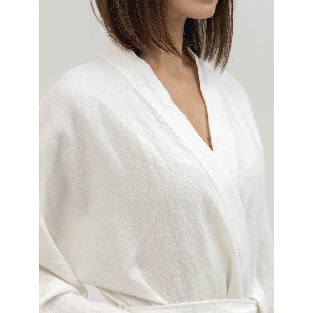 white linen dressing gown linen Bath Robe with Hoodie and Two Pockets - stonewashed linen