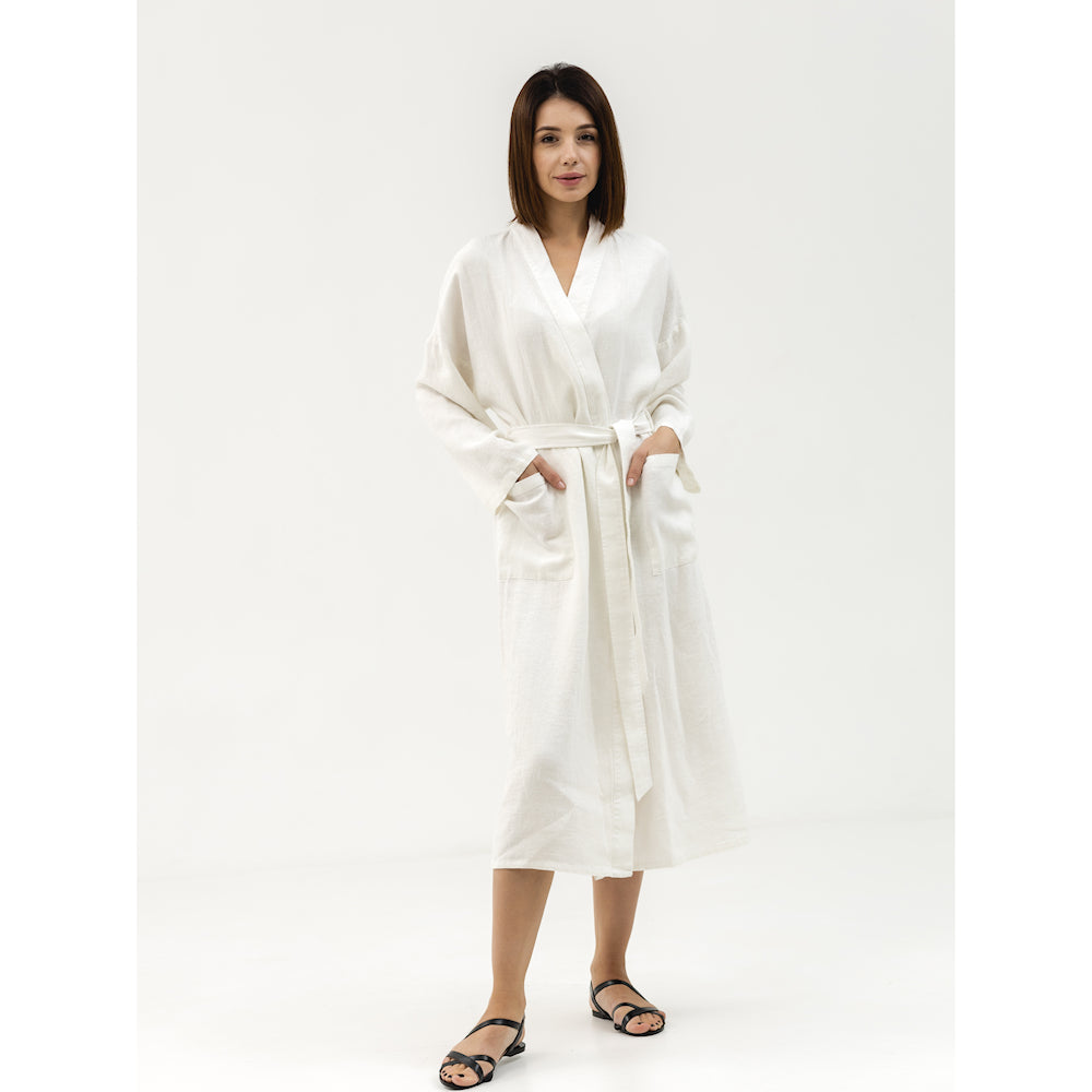 Linen Bath Robe - White - Stonewashed - Luxury Thick Linen