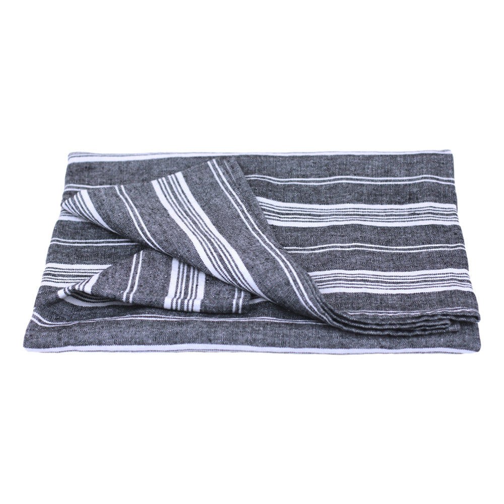 Linen Bath Towel - Stonewashed - Black with White Stripes 3 - Luxury Thick Linen