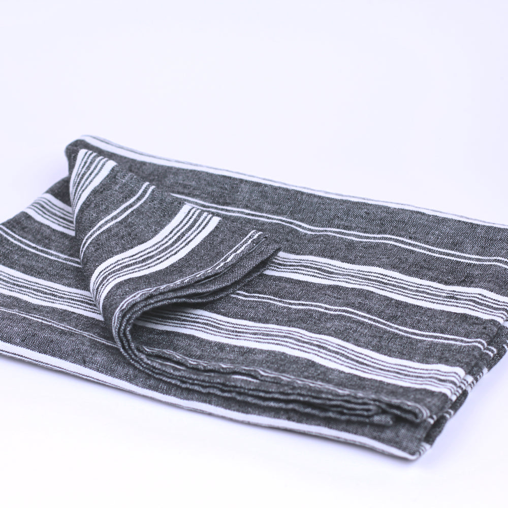 Linen Bath Towel - Stonewashed - Black with White Stripes 3 - Luxury Thick Linen
