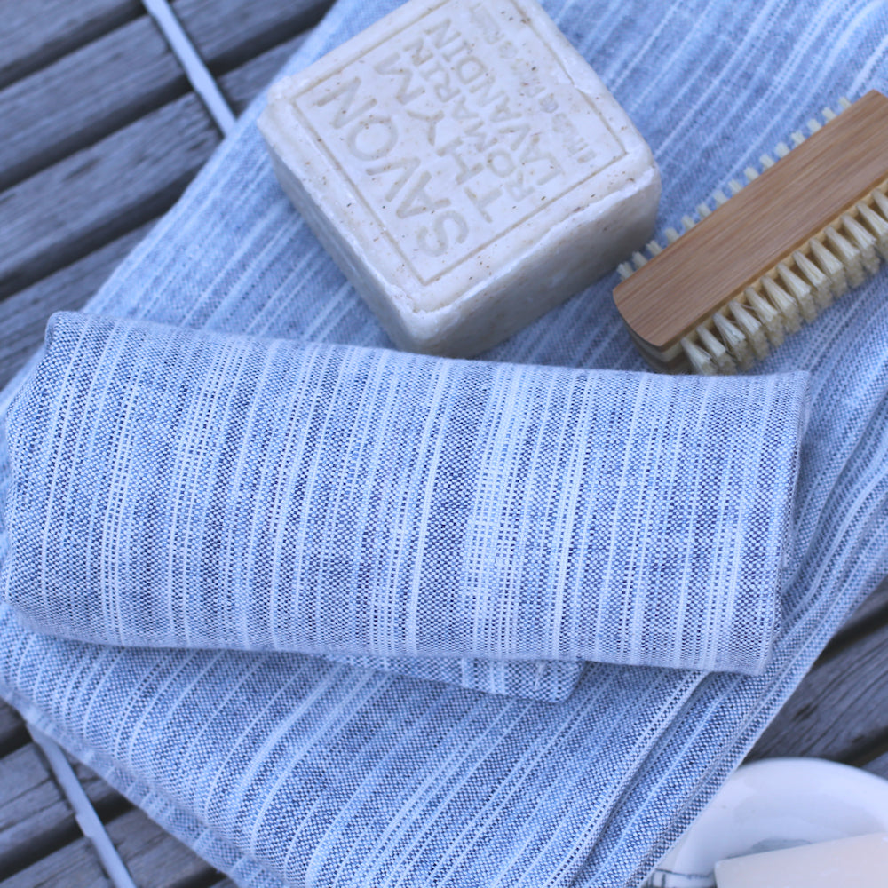 Linen Bath or Beach Towel - Stonewashed - Blue White Print Yarn - Luxury Thick Linen