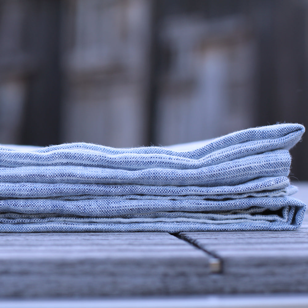 Linen Bath or Beach Towel - Stonewashed - Blue White Print Yarn - Luxury Thick Linen