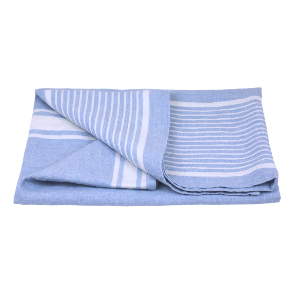 Linen Bath Towel - Stonewashed - Light Blue with White Stripes - Luxury Thick Linen
