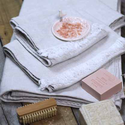 Linen Hand Towel - Stonewashed - Light Natural with Frayed Edges -  Luxury Thick Linen