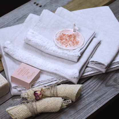 Linen Hand Towel - Stonewashed - Light Natural with Frayed Edges -  Luxury Thick Linen