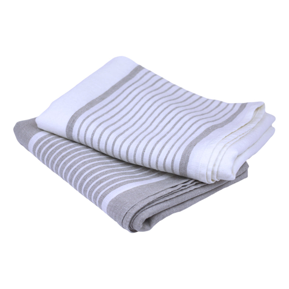 Linen Bath Towel - Stonewashed - White with Light Natural  Stripes - Luxury Thick Linen