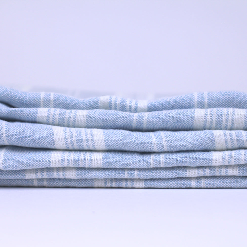 Linen Bath Towel - Stonewashed - Sky Blue with White Stripes 3 - Luxury Thick Linen