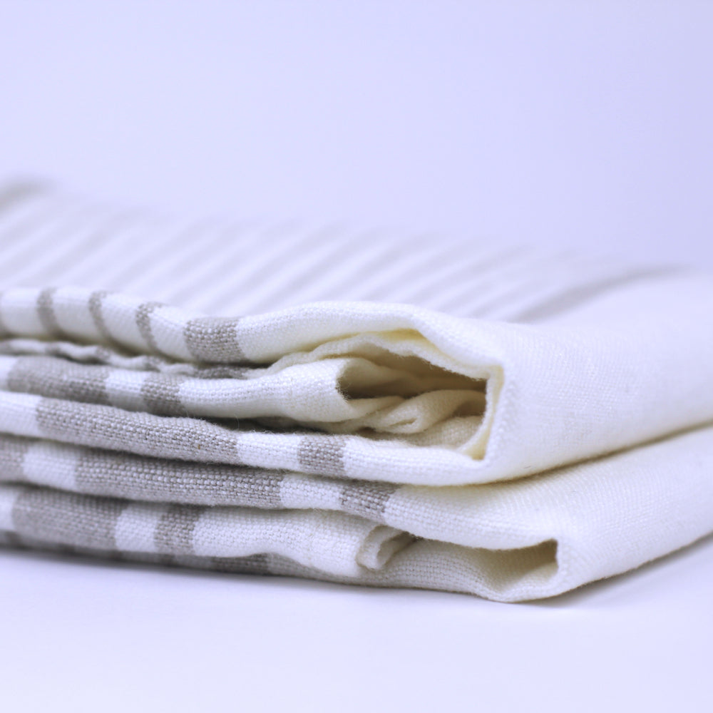 Linen Bath Towel - Stonewashed - White with Light Natural  Stripes - Luxury Thick Linen