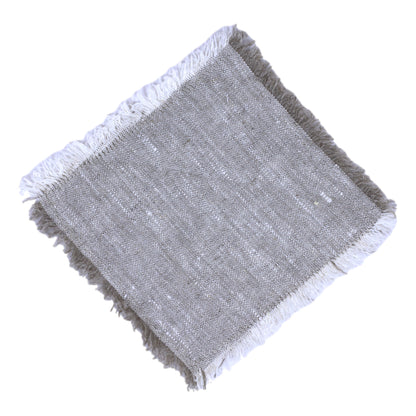 Linen Cocktail Napkins Set of 6 - Stonewashed - Light Natural with Frayed Edges - Luxury Thick Linen