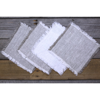 Linen Cocktail Napkins Set of 6 - Stonewashed - Light Natural with Frayed Edges - Luxury Thick Linen