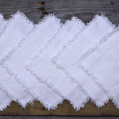 Linen Cocktail Napkins Set of 6 - Stonewashed - White Open Weave with Frayed Edges - Luxury Thick Linen