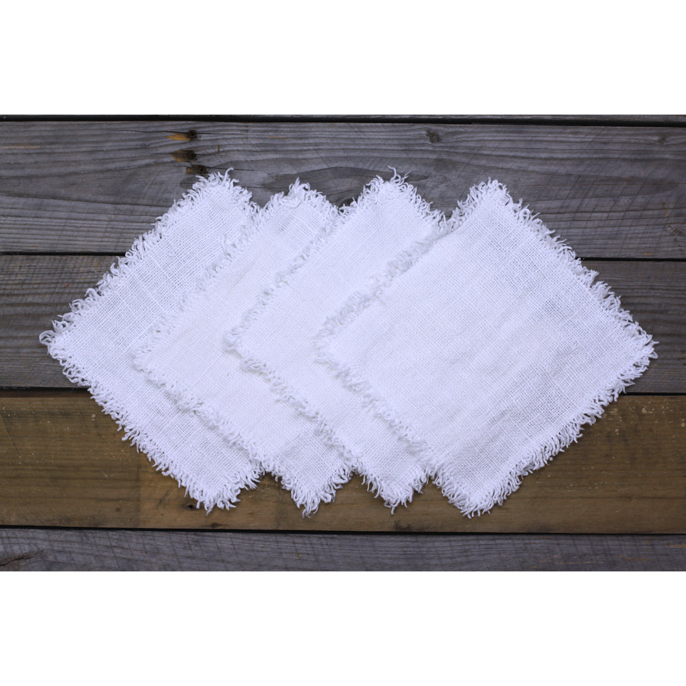 Linen Cocktail Napkins Set of 6 - Stonewashed - White Open Weave with Frayed Edges - Luxury Thick Linen