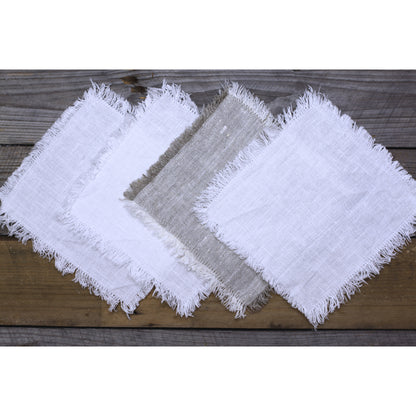 Linen Cocktail Napkins Set of 6 - Stonewashed - White with Frayed Edges - Luxury Thick Linen