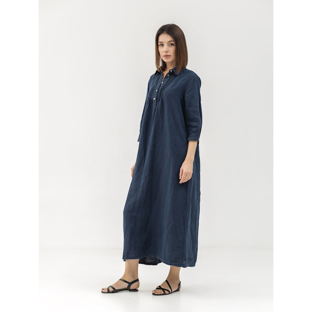 Linen Dress Laura - Navy Blue - Stonewashed - Luxury Medium Thick Linen