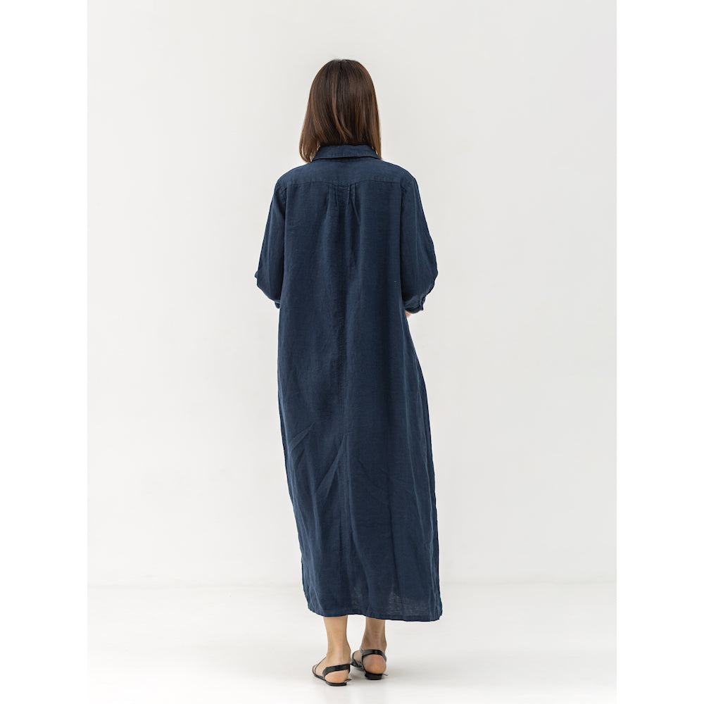 Linen Dress Laura - Navy Blue - Stonewashed - Luxury Medium Thick Linen
